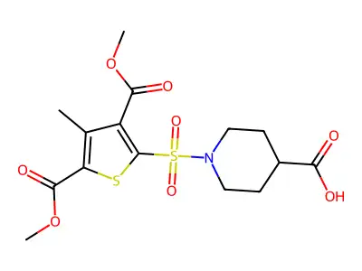 1-{[3,5-bis(methoxycarbonyl)-4-methylthiophen-2-yl]sulfonyl}piperidine-4-carboxylic acid structure
