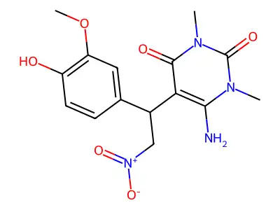 6-amino-5-[1-(4-hydroxy-3-methoxyphenyl)-2-nitroethyl]-1,3-dimethyl-1,2,3,4-tetrahydropyrimidine-2,4-dione structure