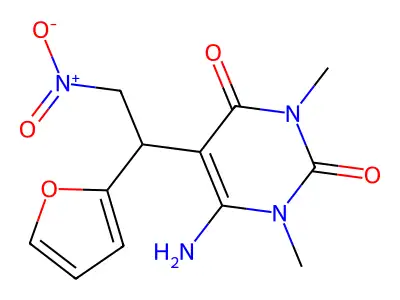 6-amino-5-[1-(furan-2-yl)-2-nitroethyl]-1,3-dimethyl-1,2,3,4-tetrahydropyrimidine-2,4-dione structure