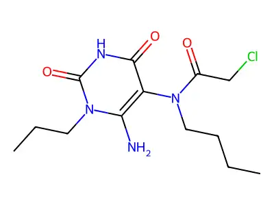 N-(6-amino-2,4-dioxo-1-propyl-1,2,3,4-tetrahydropyrimidin-5-yl)-N-butyl-2-chloroacetamide structure