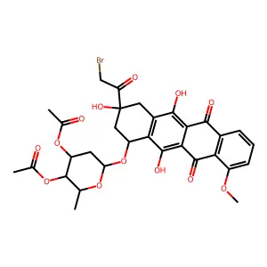 [3-acetyloxy-6-[[3-(2-bromoacetyl)-3,5,12-trihydroxy-10-methoxy-6,11-dioxo-2,4-dihydro-1H-tetracen-1-yl]oxy]-2-methyloxan-4-yl] acetate structure