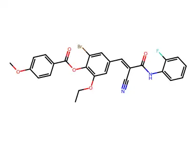 [2-bromo-4-[(E)-2-cyano-3-(2-fluoroanilino)-3-oxoprop-1-enyl]-6-ethoxyphenyl] 4-methoxybenzoate structure