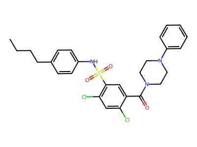 N-(4-butylphenyl)-2,4-dichloro-5-(4-phenylpiperazine-1-carbonyl)benzenesulfonamide structure