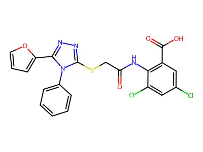 3,5-dichloro-2-[[2-[[5-(furan-2-yl)-4-phenyl-1,2,4-triazol-3-yl]sulfanyl]acetyl]amino]benzoic acid structure