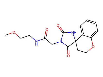2-(2',5'-dioxospiro[2,3-dihydrochromene-4,4'-imidazolidine]-1'-yl)-N-(2-methoxyethyl)acetamide structure