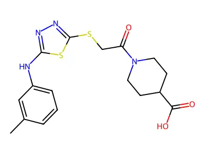 1-[2-({5-[(3-methylphenyl)amino]-1,3,4-thiadiazol-2-yl}sulfanyl)acetyl]piperidine-4-carboxylic acid structure