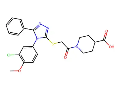 1-(2-{[4-(3-chloro-4-methoxyphenyl)-5-phenyl-4H-1,2,4-triazol-3-yl]sulfanyl}acetyl)piperidine-4-carboxylic acid structure
