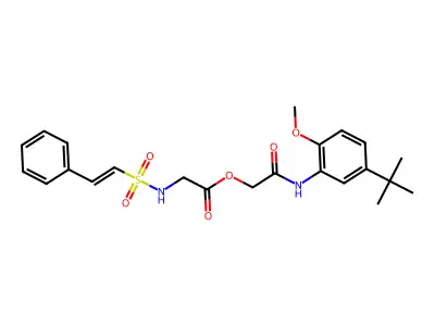 (2-methoxy-5-tert-butyl-phenyl)carbamoylmethyl 2-(2-phenylethenylsulfonylamino)acetate structure