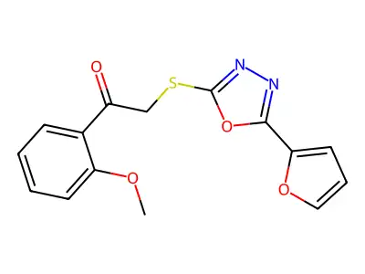 2-[[5-(2-Furanyl)-1,3,4-oxadiazol-2-yl]thio]-1-(2-methoxyphenyl)ethanone structure