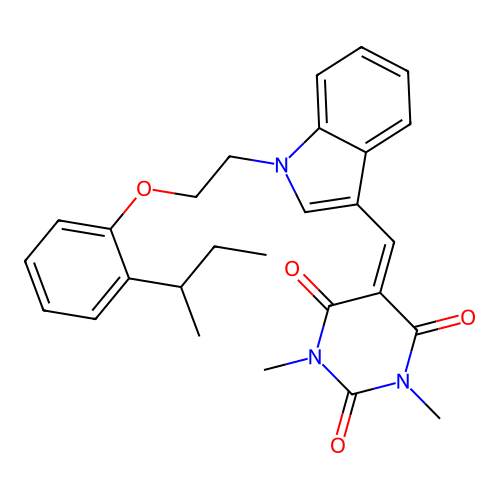 5-[(1-{2-[2-(butan-2-yl)phenoxy]ethyl}-1H-indol-3-yl)methylidene]-1,3-dimethylpyrimidine-2,4,6(1H,3H,5H)-trione structure