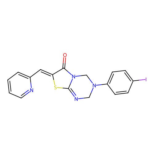 (Z)-3-(4-iodophenyl)-7-(pyridin-2-ylmethylene)-3,4-dihydro-2H-thiazolo[3,2-a][1,3,5]triazin-6(7H)-one structure