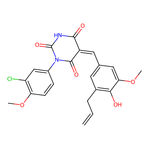 (5Z)-1-(3-chloro-4-methoxyphenyl)-5-[4-hydroxy-3-methoxy-5-(prop-2-en-1-yl)benzylidene]pyrimidine-2,4,6(1H,3H,5H)-trione structure