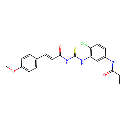 (E)-N-((2-chloro-5-propionamidophenyl)carbamothioyl)-3-(4-methoxyphenyl)acrylamide structure