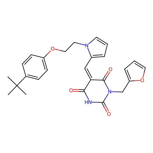 (Z)-5-((1-(2-(4-(tert-butyl)phenoxy)ethyl)-1H-pyrrol-2-yl)methylene)-1-(furan-2-ylmethyl)pyrimidine-2,4,6(1H,3H,5H)-trione structure