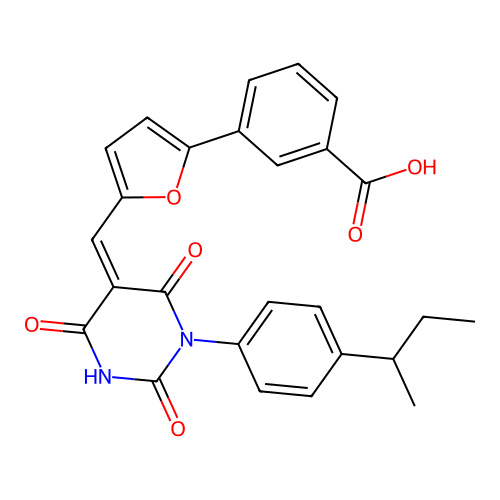 3-{5-[(Z)-{1-[4-(butan-2-yl)phenyl]-2,4,6-trioxotetrahydropyrimidin-5(2H)-ylidene}methyl]furan-2-yl}benzoic acid structure