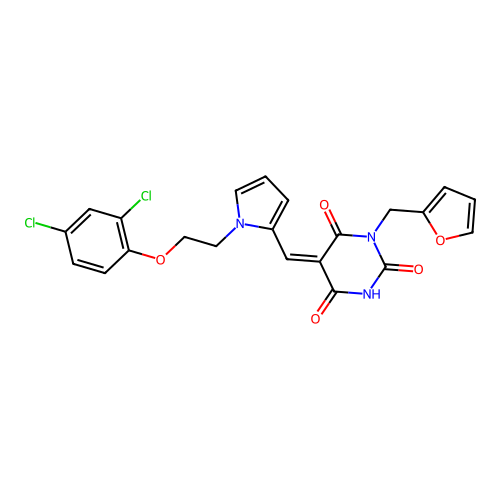(5Z)-5-[[1-[2-(2,4-dichlorophenoxy)ethyl]pyrrol-2-yl]methylidene]-1-(furan-2-ylmethyl)-1,3-diazinane-2,4,6-trione structure