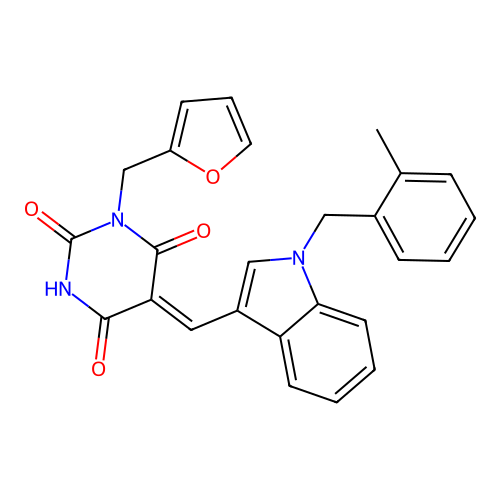 (Z)-1-(furan-2-ylmethyl)-5-((1-(2-methylbenzyl)-1H-indol-3-yl)methylene)pyrimidine-2,4,6(1H,3H,5H)-trione structure