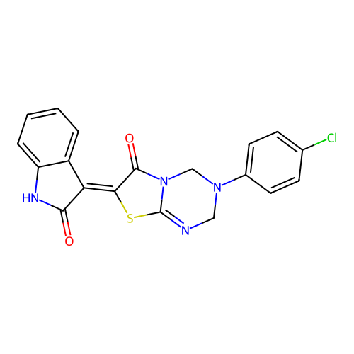 (7Z)-3-(4-chlorophenyl)-7-(2-oxo-1,2-dihydro-3H-indol-3-ylidene)-3,4-dihydro-2H-[1,3]thiazolo[3,2-a][1,3,5]triazin-6(7H)-one structure
