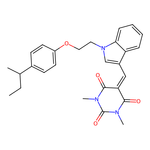5-((1-(2-(4-(sec-butyl)phenoxy)ethyl)-1H-indol-3-yl)methylene)-1,3-dimethylpyrimidine-2,4,6(1H,3H,5H)-trione structure