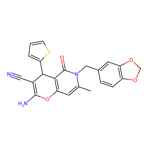 2-amino-6-(1,3-benzodioxol-5-ylmethyl)-7-methyl-5-oxo-4-(thiophen-2-yl)-5,6-dihydro-4H-pyrano[3,2-c]pyridine-3-carbonitrile structure