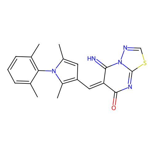 (6E)-6-{[1-(2,6-dimethylphenyl)-2,5-dimethyl-1H-pyrrol-3-yl]methylidene}-5-imino-5,6-dihydro-7H-[1,3,4]thiadiazolo[3,2-a]pyrimidin-7-one structure