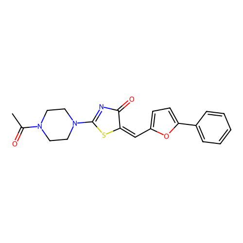 (5E)-2-(4-acetylpiperazin-1-yl)-5-[(5-phenylfuran-2-yl)methylidene]-1,3-thiazol-4(5H)-one structure
