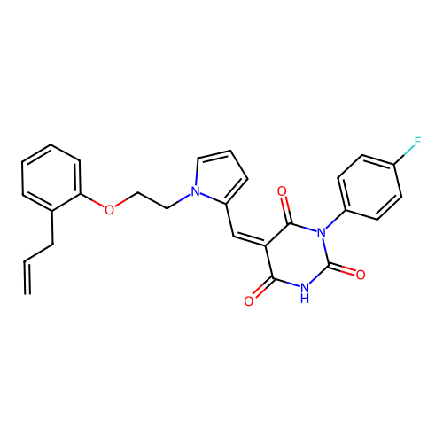 (5Z)-1-(4-fluorophenyl)-5-[[1-[2-(2-prop-2-enylphenoxy)ethyl]pyrrol-2-yl]methylidene]-1,3-diazinane-2,4,6-trione structure