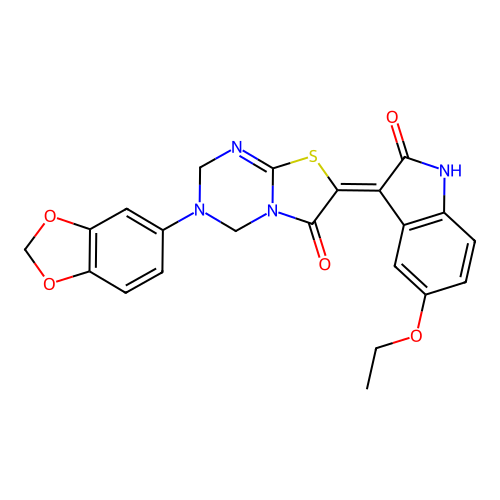 (7Z)-3-(1,3-benzodioxol-5-yl)-7-(5-ethoxy-2-oxo-1,2-dihydro-3H-indol-3-ylidene)-3,4-dihydro-2H-[1,3]thiazolo[3,2-a][1,3,5]triazin-6(7H)-one structure