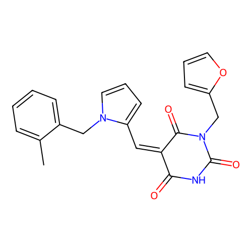 (5Z)-1-(furan-2-ylmethyl)-5-[[1-[(2-methylphenyl)methyl]pyrrol-2-yl]methylidene]-1,3-diazinane-2,4,6-trione structure