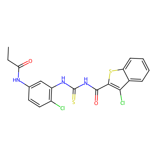 3-chloro-N-((2-chloro-5-propionamidophenyl)carbamothioyl)benzo[b]thiophene-2-carboxamide structure