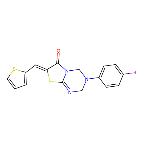 (Z)-3-(4-iodophenyl)-7-(thiophen-2-ylmethylene)-3,4-dihydro-2H-thiazolo[3,2-a][1,3,5]triazin-6(7H)-one structure