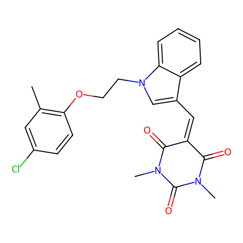 5-((1-(2-(4-chloro-2-methylphenoxy)ethyl)-1H-indol-3-yl)methylene)-1,3-dimethylpyrimidine-2,4,6(1H,3H,5H)-trione structure