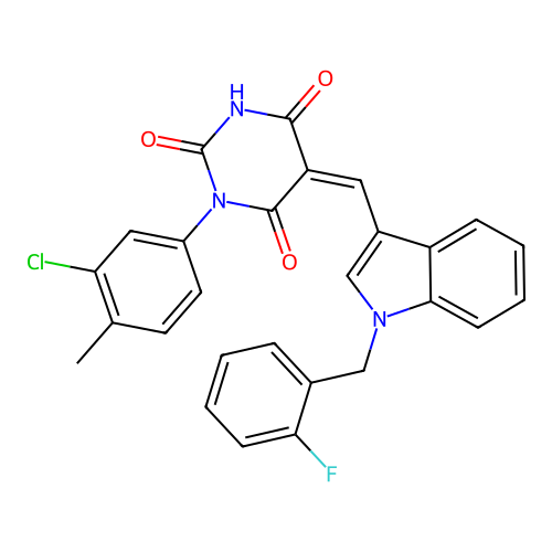 (5Z)-1-(3-chloro-4-methylphenyl)-5-{[1-(2-fluorobenzyl)-1H-indol-3-yl]methylidene}pyrimidine-2,4,6(1H,3H,5H)-trione structure