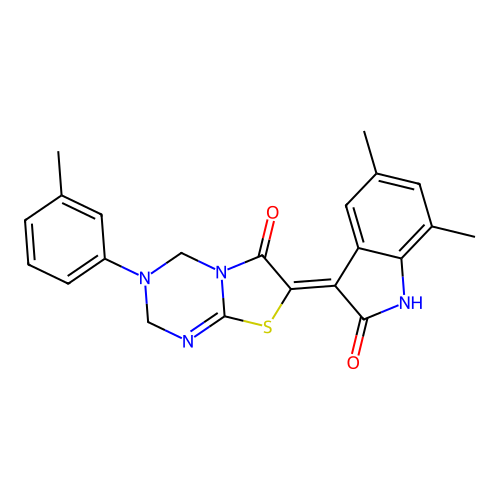 (7Z)-7-(5,7-dimethyl-2-oxo-1,2-dihydro-3H-indol-3-ylidene)-3-(3-methylphenyl)-3,4-dihydro-2H-[1,3]thiazolo[3,2-a][1,3,5]triazin-6(7H)-one structure