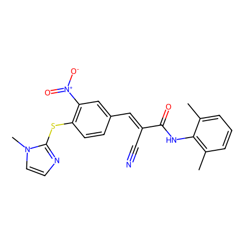 (E)-2-cyano-N-(2,6-dimethylphenyl)-3-[4-(1-methylimidazol-2-yl)sulfanyl-3-nitrophenyl]prop-2-enamide structure