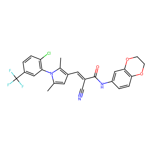 (E)-3-[1-[2-chloro-5-(trifluoromethyl)phenyl]-2,5-dimethylpyrrol-3-yl]-2-cyano-N-(2,3-dihydro-1,4-benzodioxin-6-yl)prop-2-enamide structure