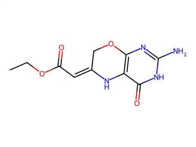 Ethyl 2-(2-amino-4-oxo-3,5-dihydropyrimido[4,5-b][1,4]oxazin-6-ylidene)acetate structure