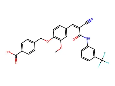 4-[[4-[2-Cyano-3-oxo-3-[[3-(trifluoromethyl)phenyl]amino]-1-propen-1-yl]-2-methoxyphenoxy]methyl]benzoic acid structure