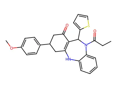 1-[1-hydroxy-3-(4-methoxyphenyl)-11-(thiophen-2-yl)-2,3,4,11-tetrahydro-10H-dibenzo[b,e][1,4]diazepin-10-yl]propan-1-one structure