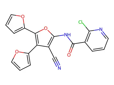2-chloro-N-[4'-cyano-2'-(furan-2-yl)-[2,3'-bifuran]-5'-yl]pyridine-3-carboxamide structure