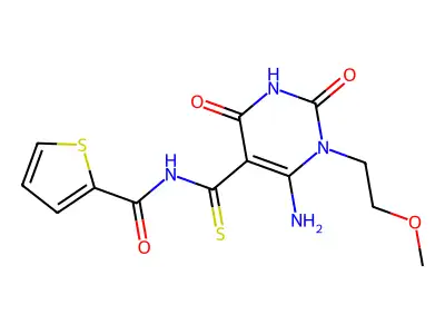 N-[6-amino-1-(2-methoxyethyl)-2,4-dioxopyrimidine-5-carbothioyl]thiophene-2-carboxamide structure