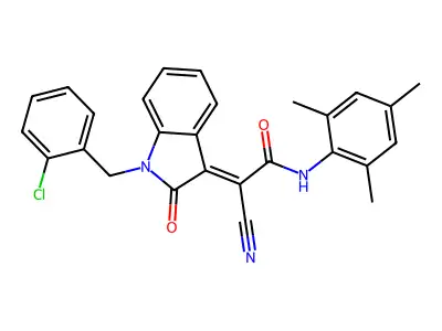 (2E)-2-[1-[(2-chlorophenyl)methyl]-2-oxoindol-3-ylidene]-2-cyano-N-(2,4,6-trimethylphenyl)acetamide structure