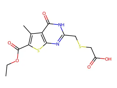 2-({[6-(ethoxycarbonyl)-5-methyl-4-oxo-3H,4H-thieno[2,3-d]pyrimidin-2-yl]methyl}sulfanyl)acetic acid structure