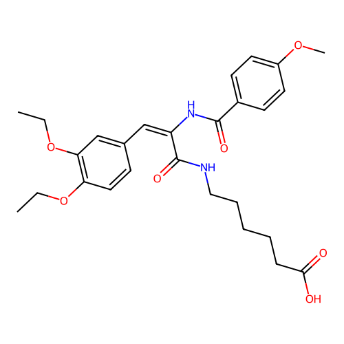 (E)-6-(3-(3,4-diethoxyphenyl)-2-(4-methoxybenzamido)acrylamido)hexanoic acid structure