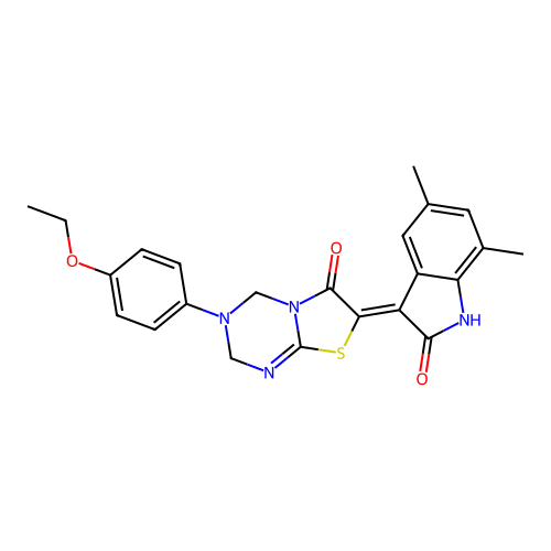 (7Z)-7-(5,7-dimethyl-2-oxo-1,2-dihydro-3H-indol-3-ylidene)-3-(4-ethoxyphenyl)-3,4-dihydro-2H-[1,3]thiazolo[3,2-a][1,3,5]triazin-6(7H)-one structure