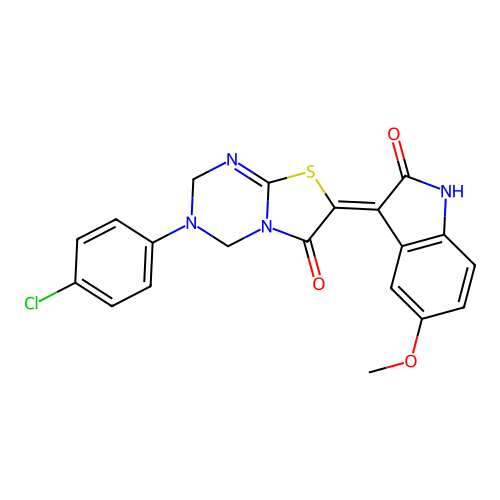 (7Z)-3-(4-chlorophenyl)-7-(5-methoxy-2-oxo-1,2-dihydro-3H-indol-3-ylidene)-3,4-dihydro-2H-[1,3]thiazolo[3,2-a][1,3,5]triazin-6(7H)-one structure