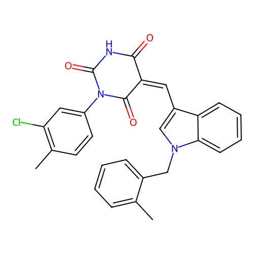 (5Z)-1-(3-chloro-4-methylphenyl)-5-{[1-(2-methylbenzyl)-1H-indol-3-yl]methylidene}pyrimidine-2,4,6(1H,3H,5H)-trione structure