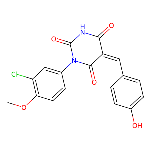 (Z)-1-(3-chloro-4-methoxyphenyl)-5-(4-hydroxybenzylidene)pyrimidine-2,4,6(1H,3H,5H)-trione structure