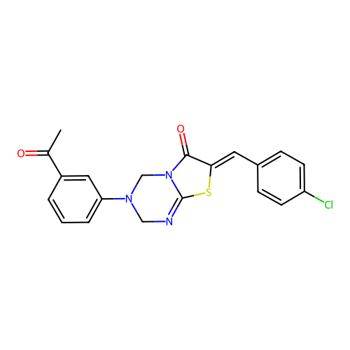 (7Z)-3-(3-acetylphenyl)-7-(4-chlorobenzylidene)-3,4-dihydro-2H-[1,3]thiazolo[3,2-a][1,3,5]triazin-6(7H)-one structure