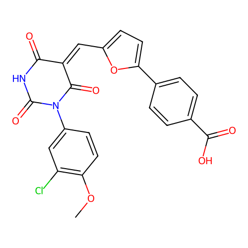 (Z)-4-(5-((1-(3-chloro-4-methoxyphenyl)-2,4,6-trioxotetrahydropyrimidin-5(2H)-ylidene)methyl)furan-2-yl)benzoic acid structure